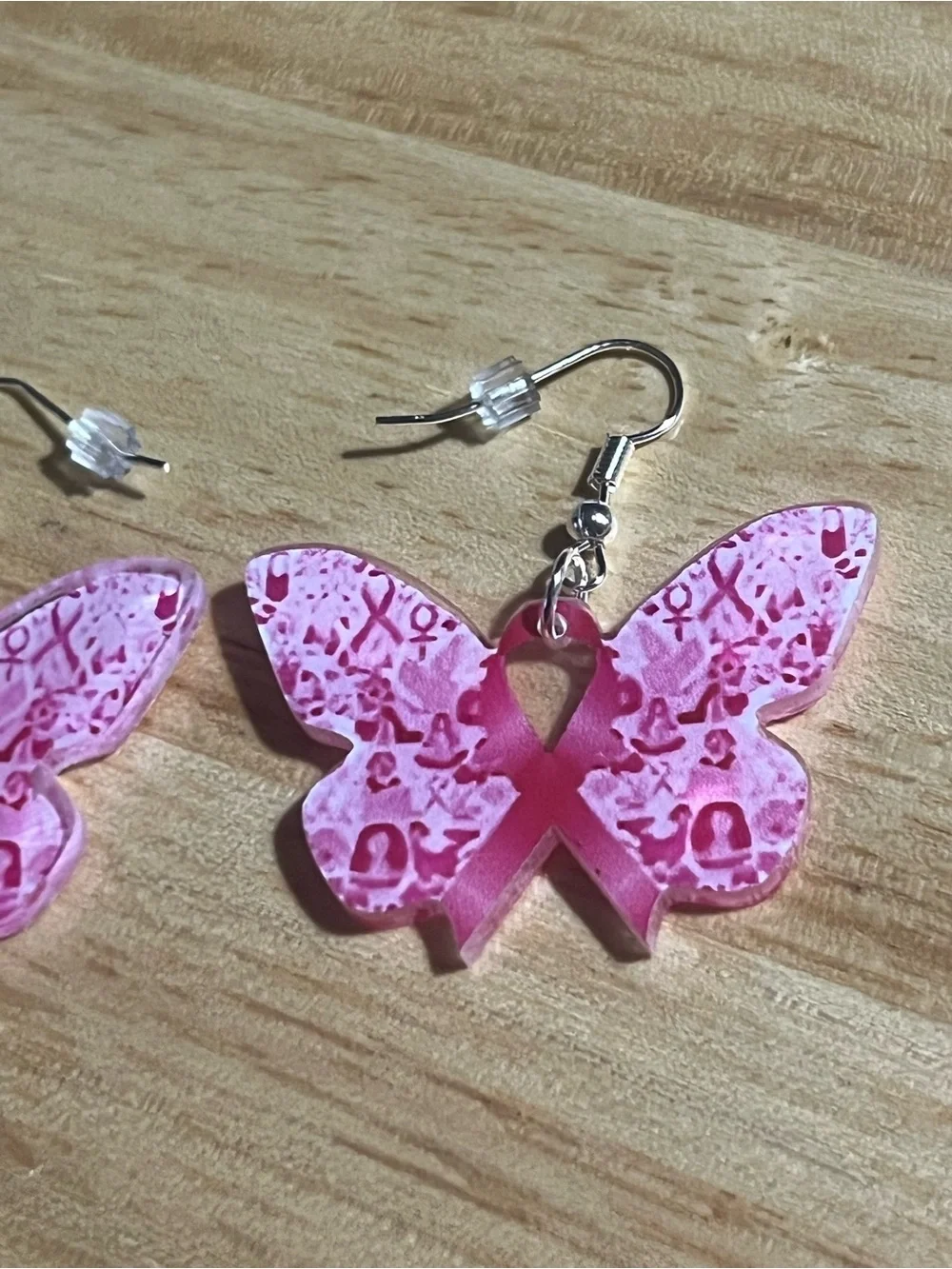 Pink Butterfly Ribbon Dangle Earrings - B284